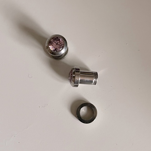 Silver tone surgical steel tunnels 2g pink crystal outside threaded body Jewelry - Picture 3 of 3